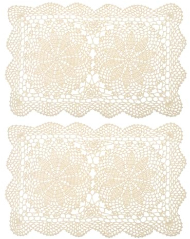 sourcing map 2 Pcs 17x11 Inch Handmade Crochet Doilies, Polyester Cotton Table Placemats Rectangular Table Crochet Placemats for Dining Table Kitchen Parties, Beige