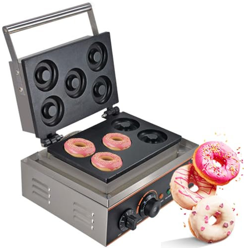 QUTBAG 5 Holes Donut Maker Machine, Non-Stick Doughnut Snack Maker with 50-300℃ Temperature Control, Double-Sided Heating Snack Machine for Delicious Breakfast, Snacks, Desserts