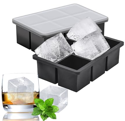 Silicone Square Ice Cube Tray with Lid, Easy Release Large Ice Cube Mould-Pack of 2 - Ice Trays for Freezer Flexible BPA Free, Big Ice Cube Melt Slowly for Cocktails Party Drinks (Black)