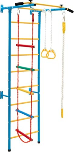GOPLUS Juego de Escalada Infantil 5 en 1 con Anillas Gimnásticas, Trampolín Sueco y Cuerda, Centro de Actividades Multifuncional de Acero para Niños de 3+ Años, Capacidad de Carga 100KG