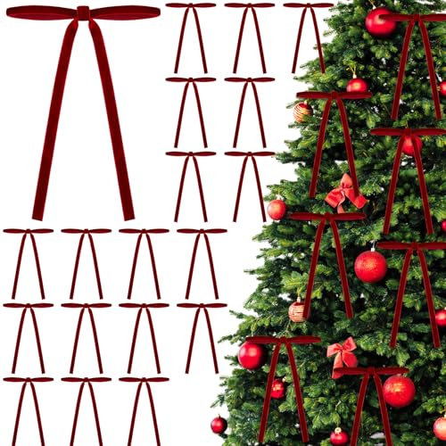 JOLCEEY 24pcs Red Velvet Bows for Christmas Tree, 5 x 7 Inch Christmas Tree Bows Vintage Velvet Ribbon Wreath Bows Velvet Ornaments for Christmas Tree Indoor Party Garland Decorations