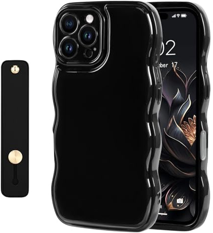 NITITOP Coque pour iPhone 16 Pro Max Uni Ondulée avec Dragonne, Noir | avec Ajustable Poignée de Maintien, Mignon et Simple Design, pour Filles Femmes, Souple Silicone, Housse de Protection