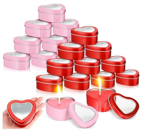 Jrifedptry Set di 24 barattoli in metallo a forma di cuore da 113,4 g, vuoti, a forma di cuore, con coperchio trasparente, contenitori per candele in latta