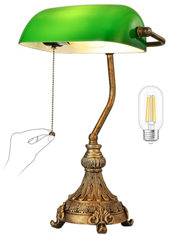 Newrays Lampe de bureau vintage en verre vert pour bureau à domicile ou bibliothèque, avec interrupteur à chaîne et prise, ampoule LED incluse