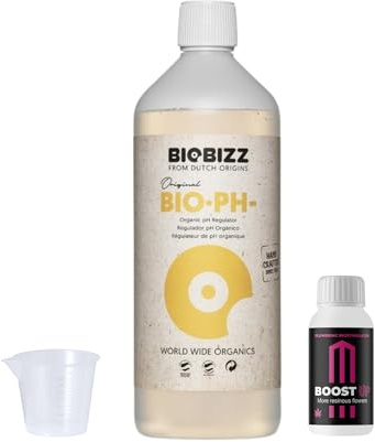 GROWMANIA Bio Down de BioBizz 1 l + échantillon Boost Up Nutrients + Verre doseur | Régulateur de pH biologique | Parfait pour les jardins et jardins moyens