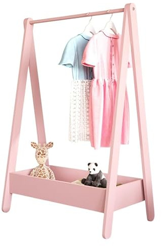 URBNLIVING Perchero de madera para colgar ropa para niños, estante de almacenamiento adicional (rosa)