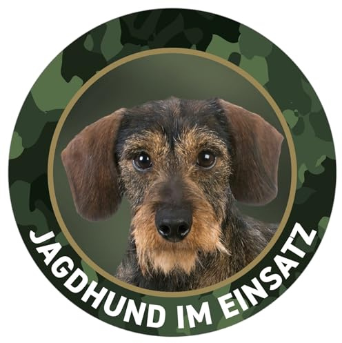 Rauhaardackel Aufkleber - Jagdhund im Einsatz - Sticker für Auto, Pkw, Kfz, Kofferraum oder Autoscheibe - mit Hunde und Jagdhundemotiven, Ø 10 cm, Outdoor geeignet - Made in Germany