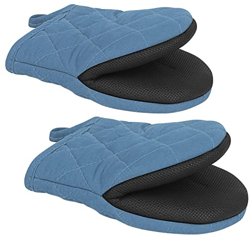 1 Paar Kurze Ofenhandschuhe, hitzebeständige Silikon-Küchen-Mini-Ofenhandschuhe für 500 Grad, rutschfeste Griffflächen und Handschuhe zum Aufhängen, Backen, Grillen, Grillen (Blau)