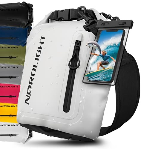Nordlight Dry Bag Vattentät Väska med Mobilfodra+ Rullstängning, Axelrem | Drybag Vattentät Ryggsäck Packsäck Våtbag Packväska | Simning Strand Stå Upp Paddling Kanotpaddling - Vit, 5 Liter