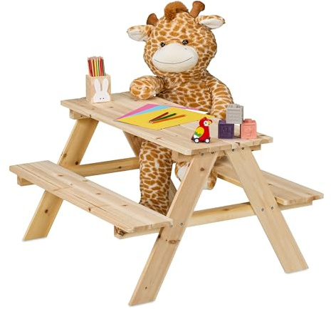 Relaxdays Tavolino da Bambini con Panche per Esterno, Tavolo da Picnic Giardino, 4 Posti, 51x90x78 cm, Legno, Naturale