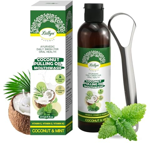 Liillya Bain de Bouche Naturel à l’Huile de Coco Bio & Menthe Poivrée, 6 Huiles Essentielles, 3 Vitamines, Réduit la Mauvaise Haleine, Haleine Fraîche, Soin des Gencives, Sans Alcool ni Fluor, 237 ml