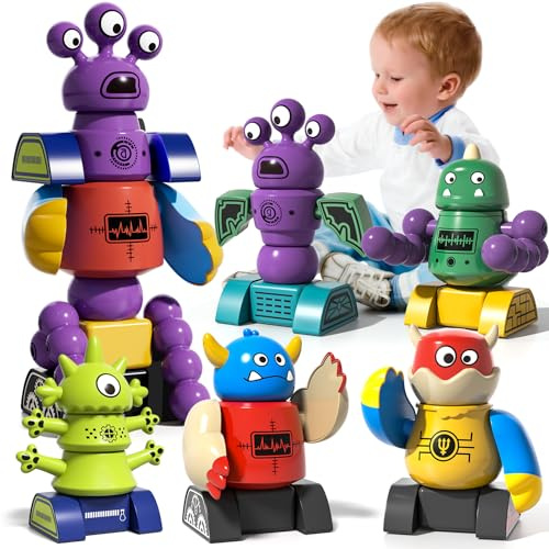 BLmukce Magnetrobotleksak för barn 3–5, 35 st STEM pedagogiska lekset med förvaringslåda, gör-det-själv-stapel monster robot