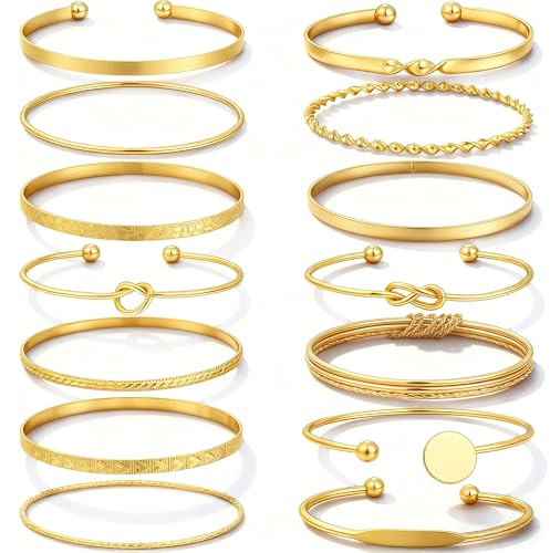 FAXHION Gold Bangle Bracelets for Women, 14 Pcs Multi Layer Stackable Bangle Set, 14K Gold Plated Textured Chunky Bracelets Boho Jewelrys Set