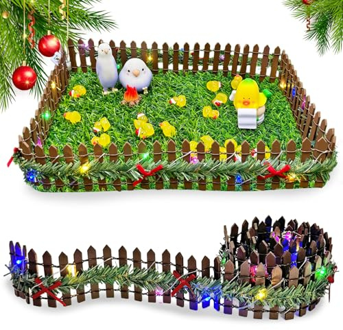 Miniatur Zaun Holzzaun,Miniatur Wichtel Zubehör,Miniatur Zaun Gartenzaun Holz mit Lichtern,Wichtel Zubehör Weihnachten,90x5cm Wichtel Haus DIY Dekoration Weihnachten für Blumentopf Fee Garten