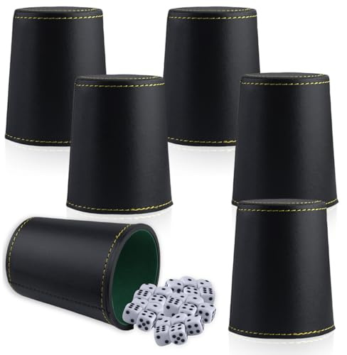Behogan 6 Stück PU Leder Würfelbecher Set,6 Kniffel Becher Leder Set und 30 Würfeln (16mm), Schocken Set, Filz ausgekleidetes PU-Leder-Würfelbecher,Casual Games Bar Puzzles Spielzubehör, Schwarz
