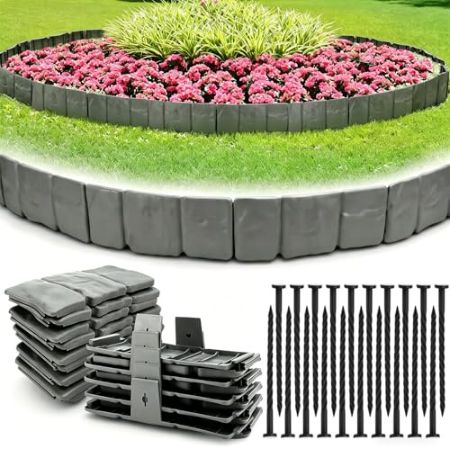 Rasenkante Kunststoff Beeteinfassung Beetumrandung 10 cm Hoch x 5 m Beetabgrenzung Steinoptik Beetumrandungen, Beetbegrenzung für Garten Blumenbeet Umrandung (20 pcs)