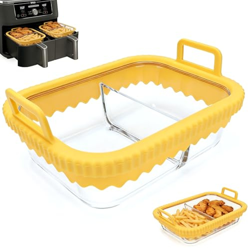 Fuente Airfryer con 2 compartimentos para freidora de aire caliente Ninja AF400EU/DZ400EU/AF500EU y COSORI 2 compartimentos, recipiente de cristal Airfryer accesorios con anillo de silicona extraíble