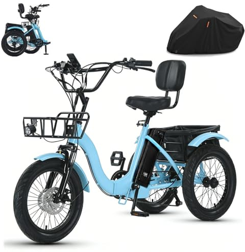 E-Dreirad Faltbares Elektro-Dreirad für Erwachsene, 18-Zoll, LCD-Display, 3 Fahrmodi, 2 Gepäckkörbe, Bequeme Rückenlehne, mit Fahrradabdeckung
