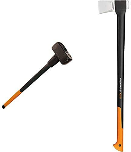 Fiskars Vorschlaghammer, Gewicht: 5 kg, Karbonstahl, XXL, 1001618 & Spaltaxt, Länge 91 cm, Antihaftbeschichtet, Hochwertiger Stahl-Klinge/Glasfaserverstärkter Kunststoff-Stiel, X27–XXL, 2,7 kg