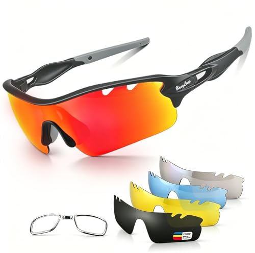 BangLong Polarized Sports Sunglasses Cycling Sun Glasses for Men Women with 5 Interchangeable Lenes for Running Baseball Golf
