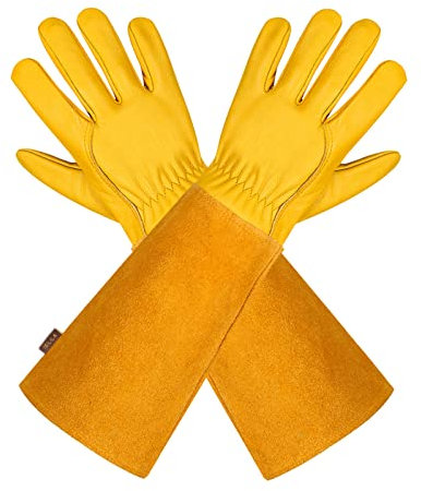 isilila Leather Gauntlet Gardening Gloves for Women and Men Rose Pruning Gloves with Thorn Proof Gauntlet, Long Durable Cowhide Sleeves Garden Gloves Work for Gardener and Farmer