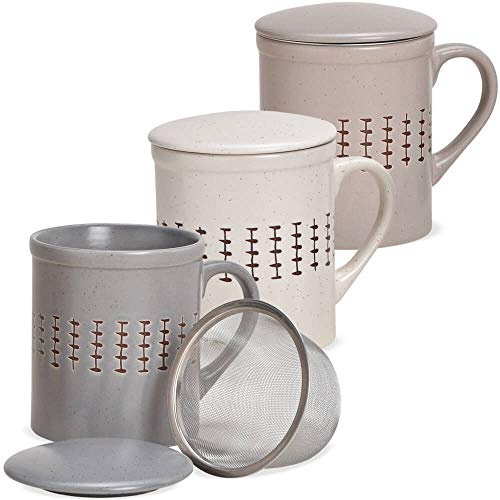 Tassen 3er Set im Landhausstil - Süße Steingut Teetasse in 300ml mit Deckel und Sieb - Außergewöhnliche Teetassen spülmaschinenfest und mikrowellengeeignet als Geschenk