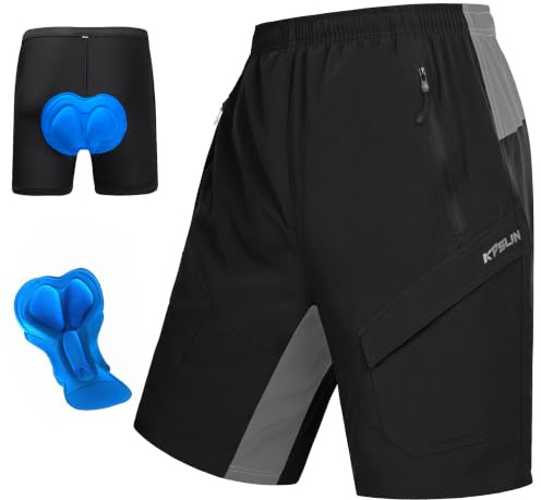 KPSUN Short de VTT rembourré 3D pour Homme - Séchage Rapide - Léger | Coussinet 3D à 6 couches pour éviter les douleurs à la selle. 4 poches zippées pour plus de sécurité. Short de cyclisme ample