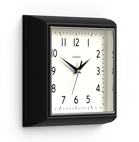 Jones Clocks® Mustard wall clock | Square retro clock | 25cm | Black | Diner style | Perfect for kitchen, living room or office