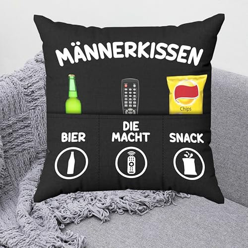 KAMACA Männerkissen Dekokissen mit weicher Füllung 43 x 43 cm Kuschelkissen mit 3 Taschen Geschenkidee für Männer Gamer Väter und Couchhelden für Vatertag Geburtstag Weihnachten (Männer-Kissen)