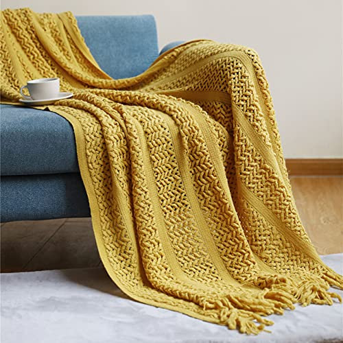 Zoomlie Beige gestrickte Überwurfdecke für Sofa groß mit dekorativen Fransen Quasten leicht gemütlich wendbar luxuriöse Decke für Couch Sofa Bett Büro Schal