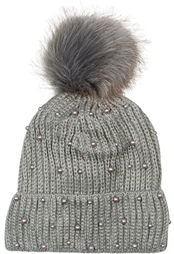 styleBREAKER Damen Strick Bommelmütze Perlen Fleece Futter | Abnehmbarer 12 cm Fake-Fur-Pompon, elastische 21 cm Bundweite, 21 cm Höhe, wärmendes Gewebe, für 48-60 cm Kopfumfang.