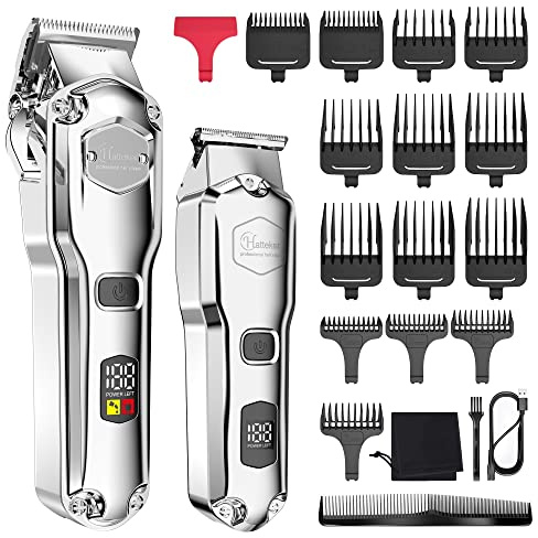 Hatteker Hair Clipper & Trimmer Set for Men IPX7 Waterproof Cordless Barber Clipper for Hair Cutting Kit with T-Blade Trimmer Beard Trimmer Kids Clipper Professional USB Rechargeable (Silver)