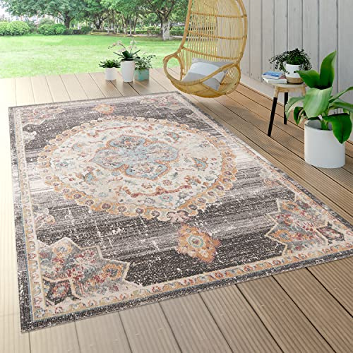 Paco Home Outdoor Teppich Wetterfest Wohnzimmer Balkon Küche Schlafzimmer Orient Muster Modern Bordüre Grau Beige, Grösse:120x170 cm