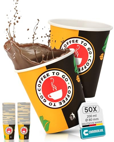 Commerline Pappbecher 200 ml, 50 Stück, Kaffeebecher to go | Coffee to Go Becher, Papierbecher aus Hartpapier, Einweg Kaffeebecher für Büro, Gastronomie, Catering & Kaffee