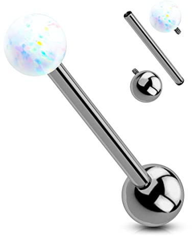 OUFER Body Piercing Titanium Tongue Bars Internally Threaded Tongue Ring Barbell White Opal Tongue Piercing Jewellery for Women Men