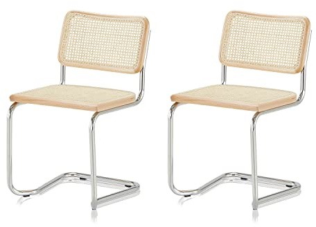 KHG 2er-Set Schwingstühle Freischwinger Chrom Made in Italy, für Esszimmer | Rückenlehne und Sitzfläche aus Massivholz Buche und Rattan, Esszimmerstuhl, Küchenstuhl Designstuhl mit Wiener Geflecht