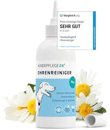 Hundepflege24 Ohrenreiniger für Hunde Akut - Extra-starker Hundeohr Reiniger bei Entzündungen & Infektionen - Natürliche Ohrentropfen für Hunde mit Piroctone Olamine, Kamille & Aloe Vera 250ml