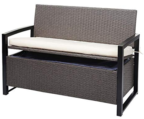 Mendler Poly-Rattan 2er Sitzbank HWC-F39AM - grau-meliert, Kissen Creme | Gartenbank, Truhenbank, Staufach, Aufbewahrung, Sitzkissen