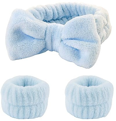 FAINCA 3 Stücke Haarband Kosmetik, Spa Headband Skincare, Mikrofaser Abschmink Haarband, Manschette Wasserdichte Gesichtswasch Skincare Tools für Frauen, Gesichtswaschen Wristband (Hellblau)