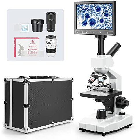 Vabiooth Dual-View Lab Compound Monocular Mikroskop 40X-2500X Vergrößerung mit 7-Zoll LCD-Display, Weitfeld 4X/10X/40X(s)/100X(Oil) Okularen, Einstellbarer mechanischer Objekttisch