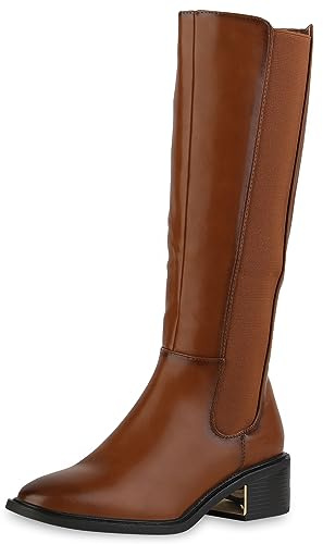 VAN HILL Damen Klassische Stiefel Blockabsatz Basic Klassisch Schuhe 840543 213096 Hellbraun 39