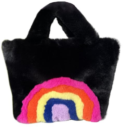 Fiorky Damen Pelzige Niedliche Handtasche Regenbogen Design Schnallenverschluss Luxus Tote Schultertasche for Shopping Travel
