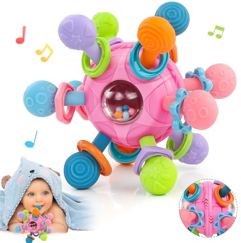 Jouet Bebe 6 Mois, Jouet Hochet Dentition Bebe pour 3 Mois, Jeux d’Eveil Balle Sensorielle Bebe 0-6 Mois Cadeau Naissance Fille et Garçon, Bébé Cadeau Enfant 0 3 6 9 12 Mois Fille et Garçon(Rose)