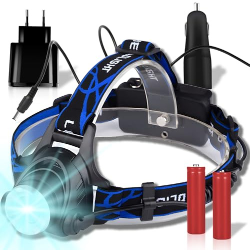Retoo LED Stirnlampe, 3 Lichtmodi, Sensor, Zoom, Rotlicht, 2 Akkus | Kaltweiß, 300–500 m Reichweite, 2 x 18650 Akkus, Aluminium/ABS, stoßfest, wasserdicht, schwarz/blau