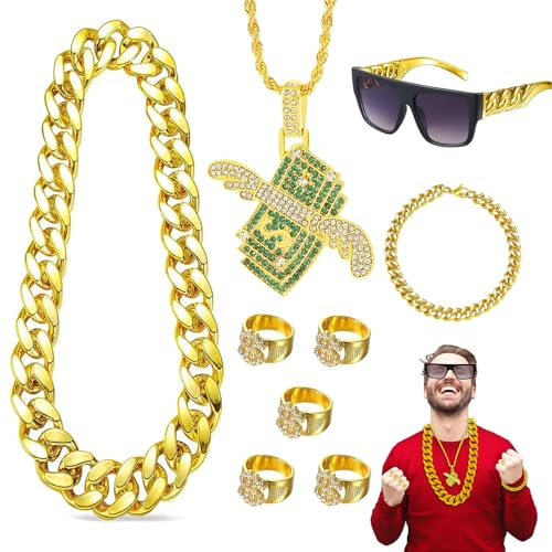 PIXESTT 9 Stück Zuhälter Kostüm Kit, 70er 80er 90er Jahre Outfit Herren für Fette Gangster Kette & Brille Gold Hip Hop Kostüm Kit, Dollar Zeichen Ring für Karneval 2026 Cosplay Fasching Thema Party.