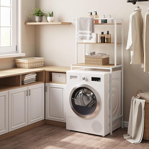 EUGAD Scaffale sopra Lavatrice a 3 Livelli, Mobile sopra WC Autoportante con Asta di Sospensione, per Bagno o Lavanderia, Rovere Chiaro e Bianco, 67x40x162 cm