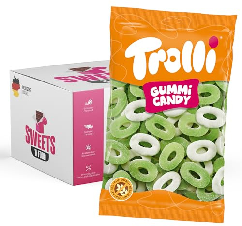 Trolli Süßigkeiten- 1 kg Beutel | Verschiedene Sorten zur Auswahl | Mit stylishem SWEETS´N FOOD Packband verpackt (Apfelringe)