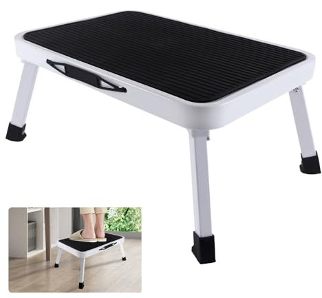 Escabeau, 1 marches avec Patins Antidérapants, Escabeau 1 Marches Pliable de Cuisine, Charge Max. : env. 150 kg, Acier, Plastique, Blanc