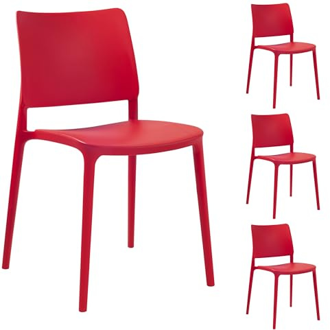 PAPATYA 4er Set Besucherstuhl - Gastro Stuhl für Café Restaurant Bistro Bar - Essstühle Küchenstühle Gartenstühle - Stapelstuhl aus Kunststoff wetterfest - belastbar bis 200 kg - Joy S, Rot
