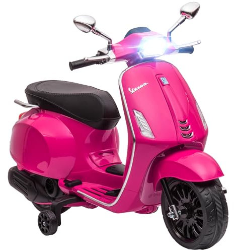 AIYAPLAY Vespa Licensed 12V Kids Electric Motorbike, Kids Ride on Motorcycle with Music, Head Light, MP3, FM Radio, Two Training Wheels, for 3-6 Years - Pink